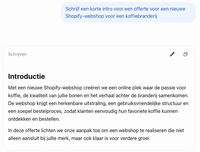 ChatGPT's answer in a new account to the proposal question (in Dutch)