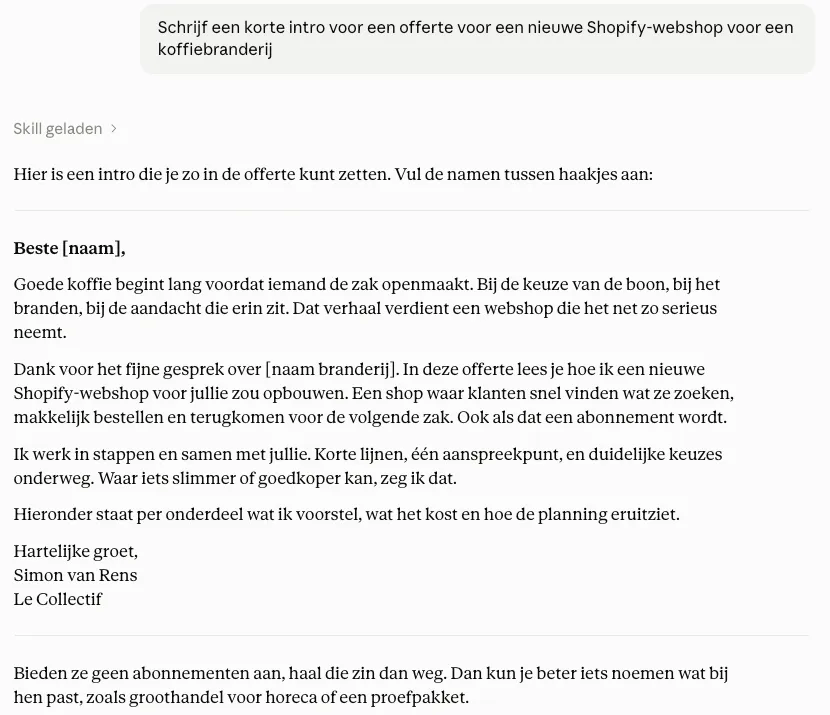 Claude's answer in my own account, signed with my name (in Dutch)