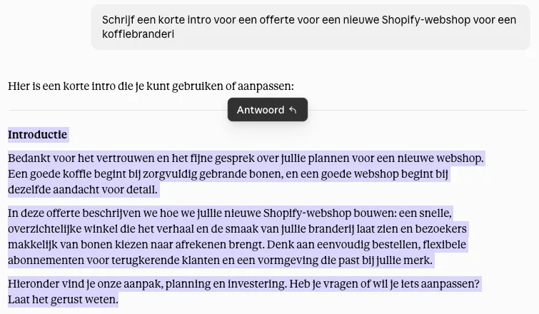 Claude's answer in a new account to the proposal question (in Dutch)